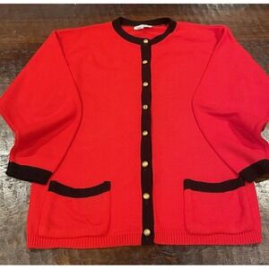 Vintage 80s Women's Sweater British Vogue Acrylic Cardigan Red Pockets Large